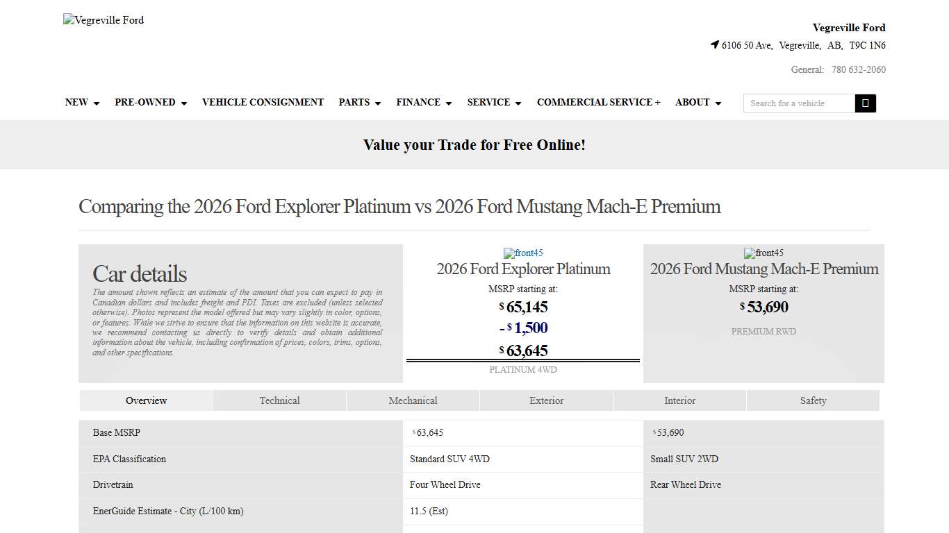 Comparing the 2026 Ford Explorer Platinum vs Ford Mustang Mach-E Premium 2026 at Vegreville Ford in Vegreville.