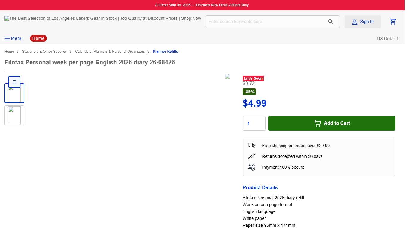 Filofax Personal week per page English 2026 diary 26-68426